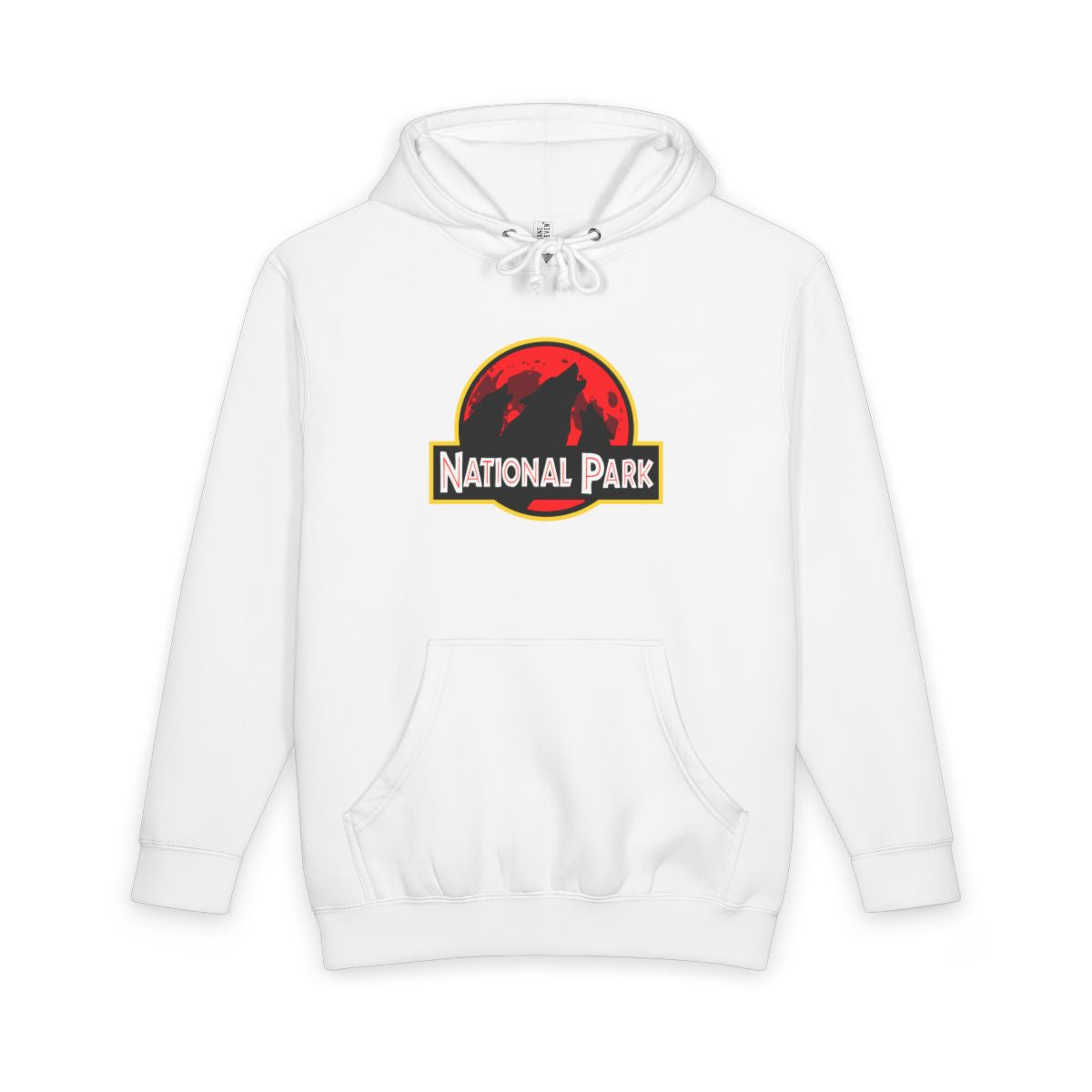 White 3 Wolf National Park hoodie, front view with parody logo