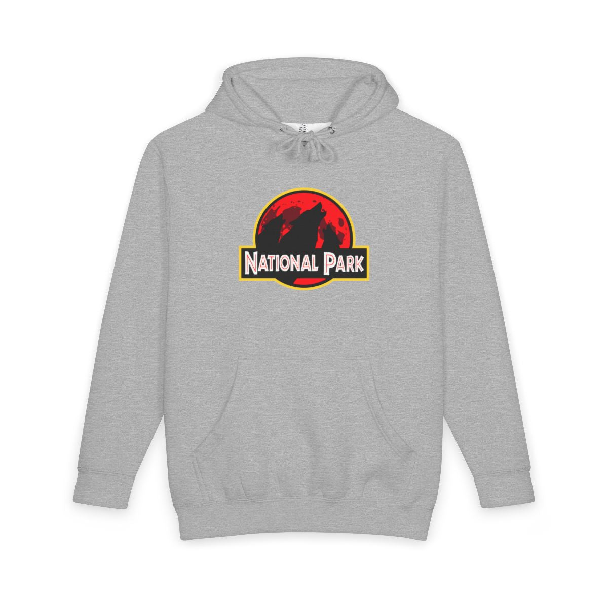 Heather Grey 3 Wolf National Park hoodie, front view with parody logo