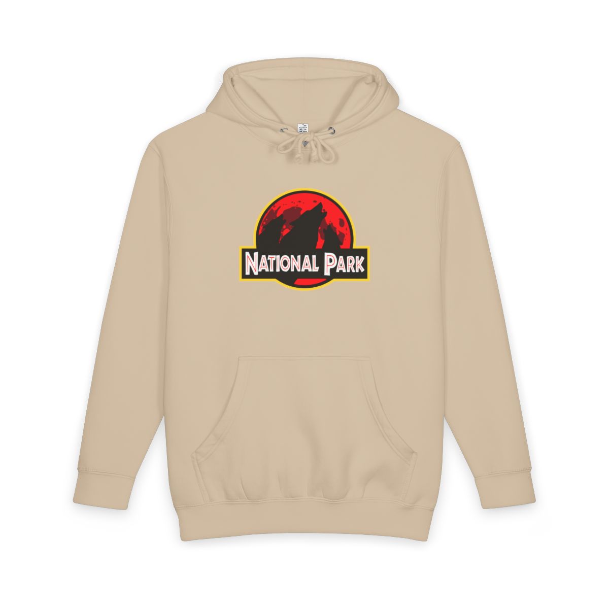 Mushroom 3 Wolf National Park hoodie, front view with parody logo