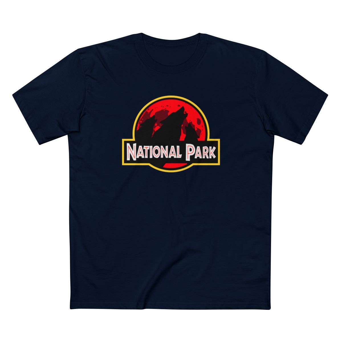 3 Wolf National Park T-Shirt - Parody Logo in Navy