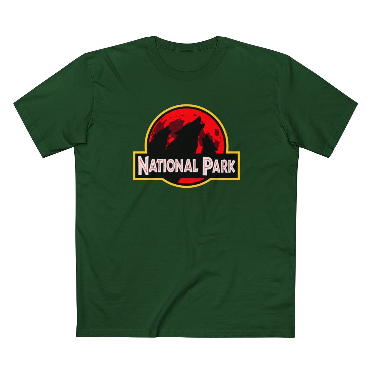 3 Wolf National Park T-Shirt - Parody Logo in Forest Green
