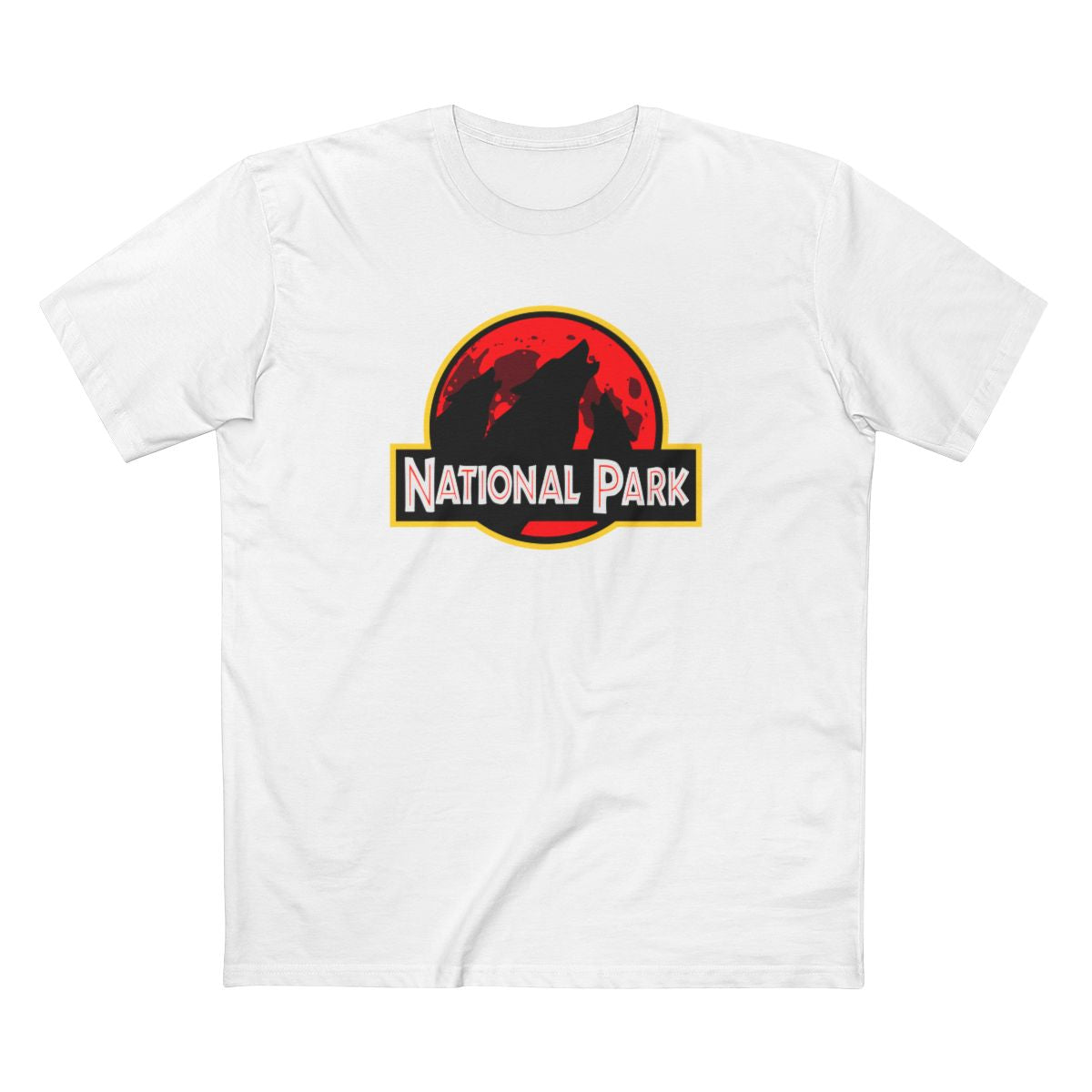 3 Wolf National Park T-Shirt - Parody Logo in White