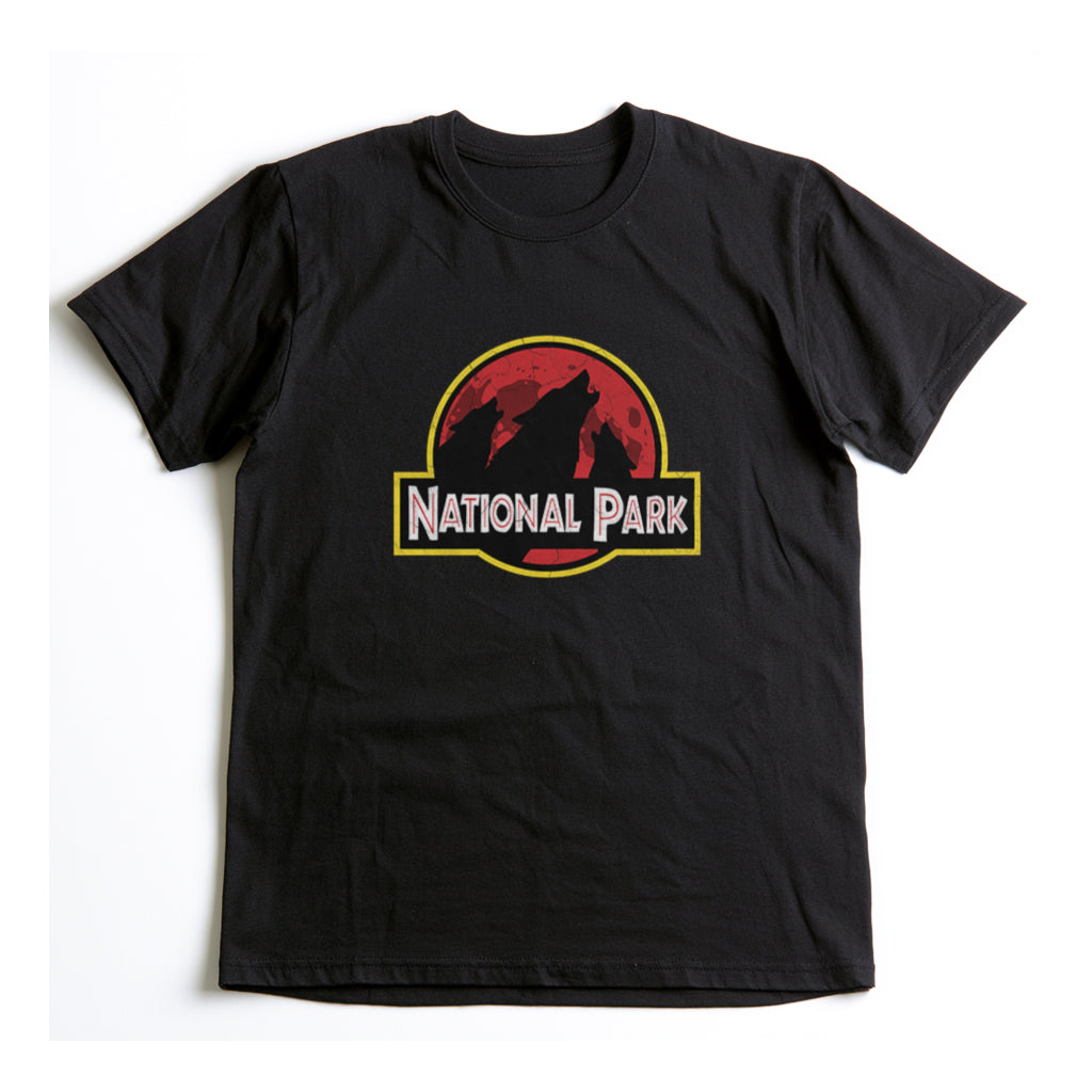 3 Wolf National Park T-Shirt - Parody Logo in Black