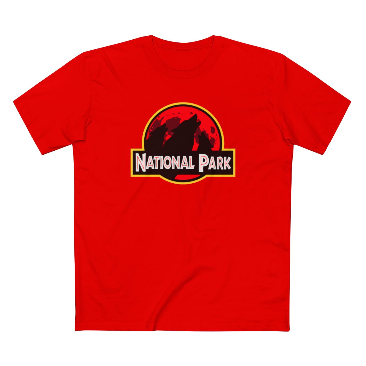 3 Wolf National Park T-Shirt - Parody Logo in Red