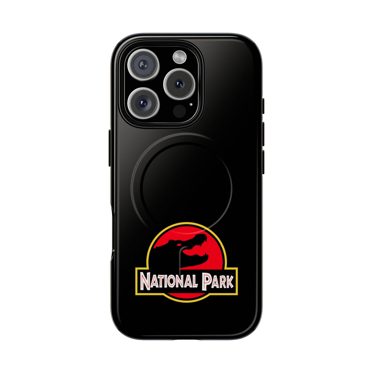 Everglades National Park magnetic iPhone 16 Pro case with red and yellow parody logo on black background