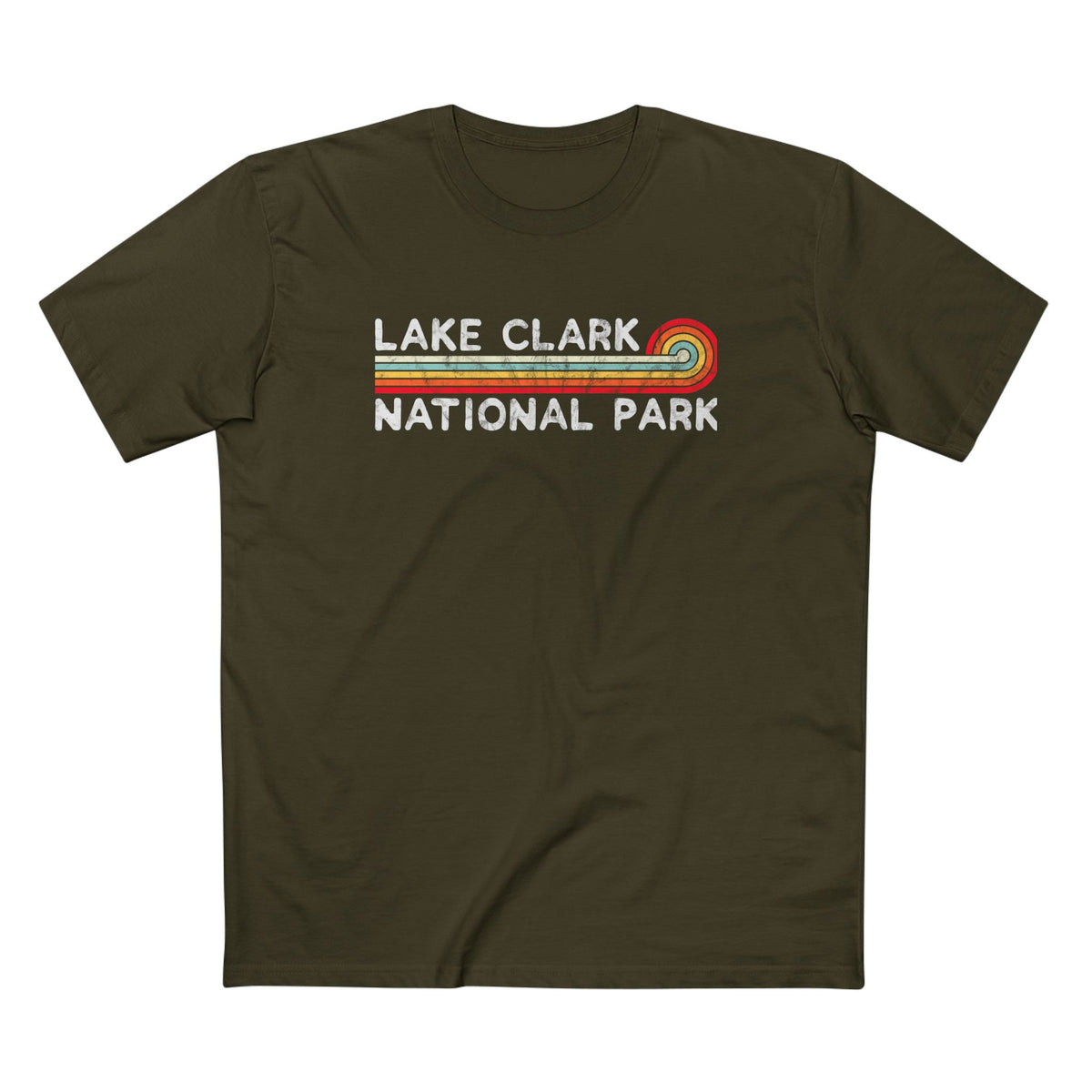 Lake Clark National Park T-Shirt - Vintage Stretched Sunrise in Army