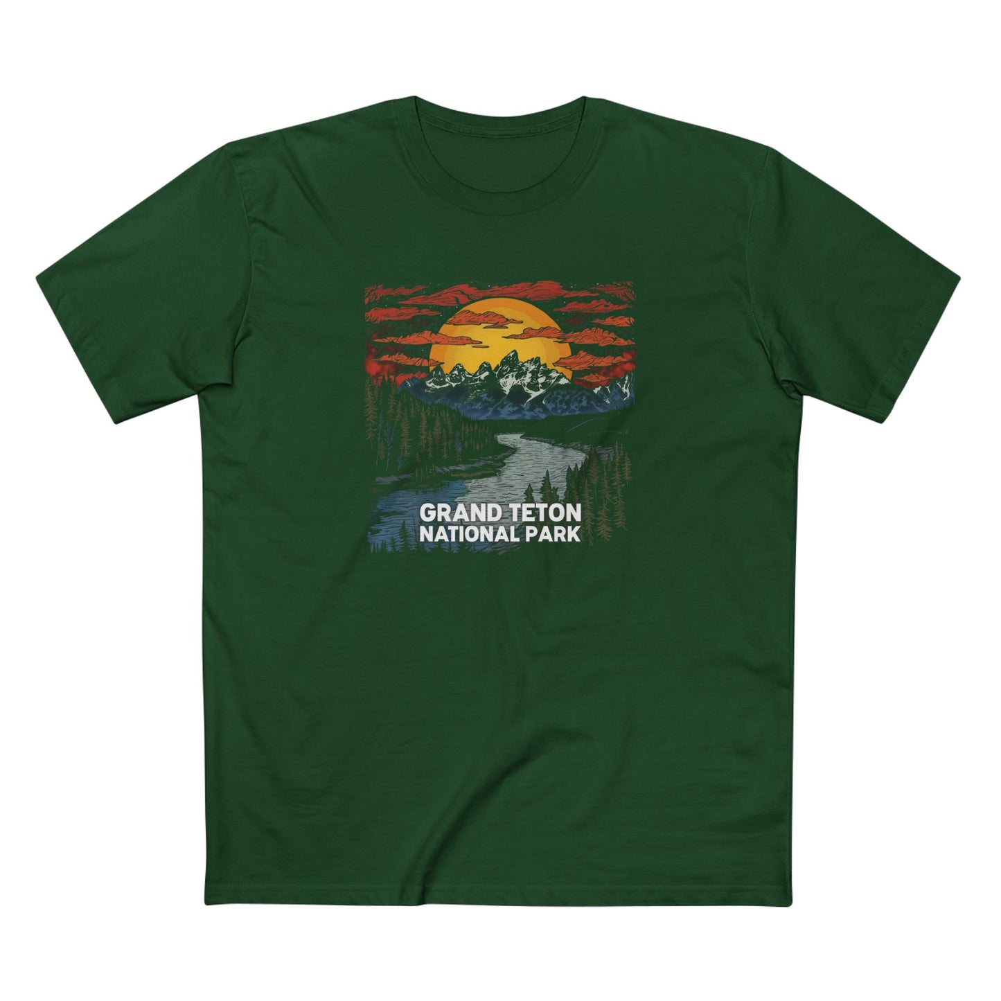 Grand Teton National Park T-Shirt - Wood Cut Design in Forest Green