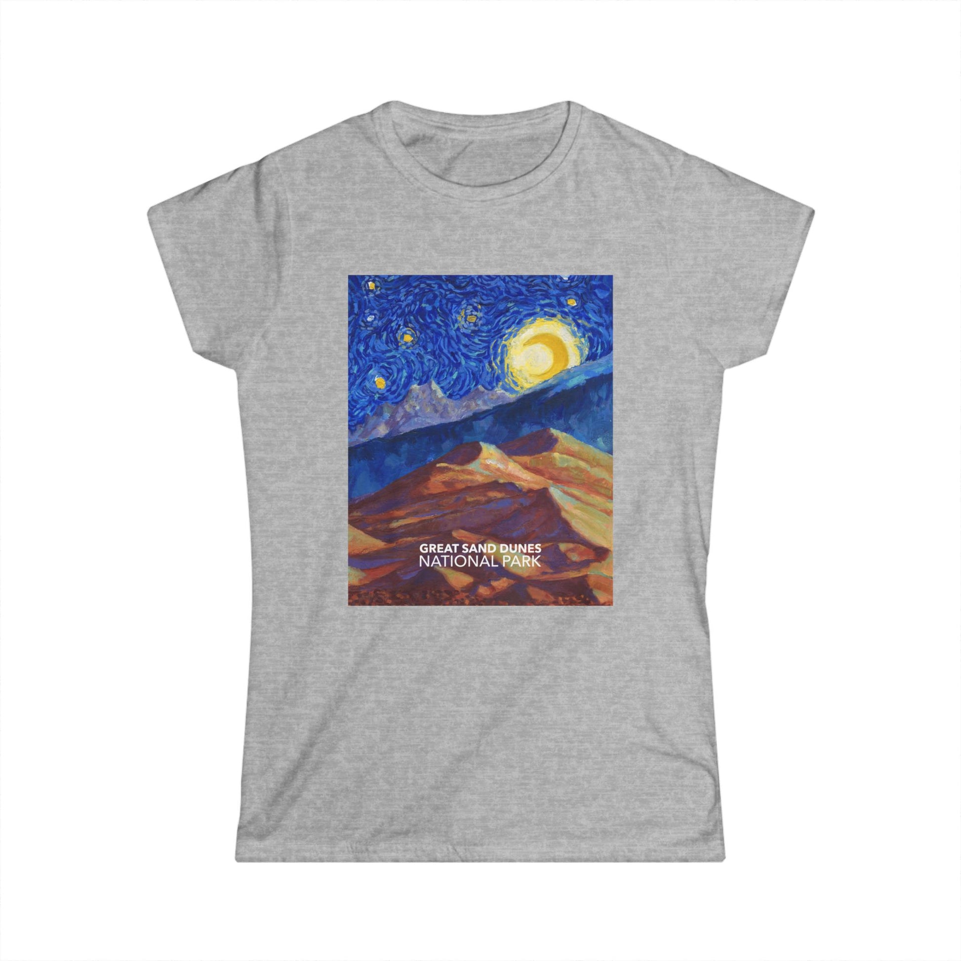 Close-up of a Van Gogh ‘Starry Night’-style design on the Great sand Dunes National Park t-shirt