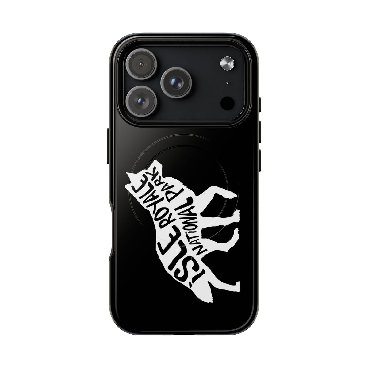 Isle Royale National Park iPhone case with MagSafe featuring wolf artwork.