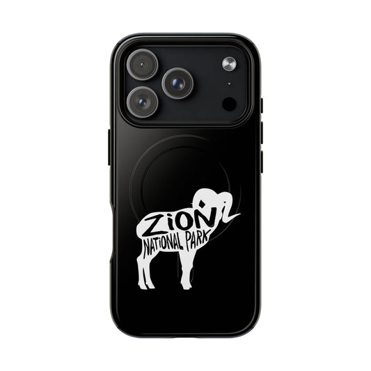 Zion National Park iPhone case with MagSafe featuring bighorn sheep artwork.