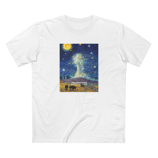 Yellowstone National Park T-Shirt - Old Faithful Starry Night in White