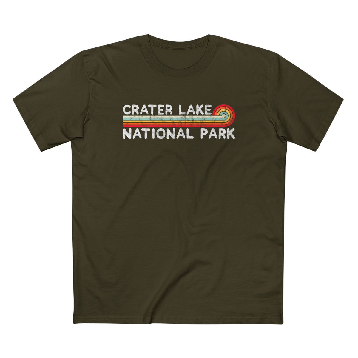 Crater Lake National Park T-Shirt - Vintage Stretched Sunrise in Army