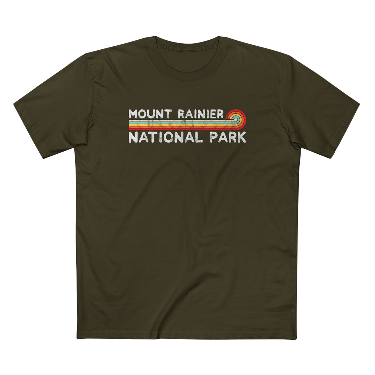 Mount Rainier National Park T-Shirt - Vintage Stretched Sunrise in Army