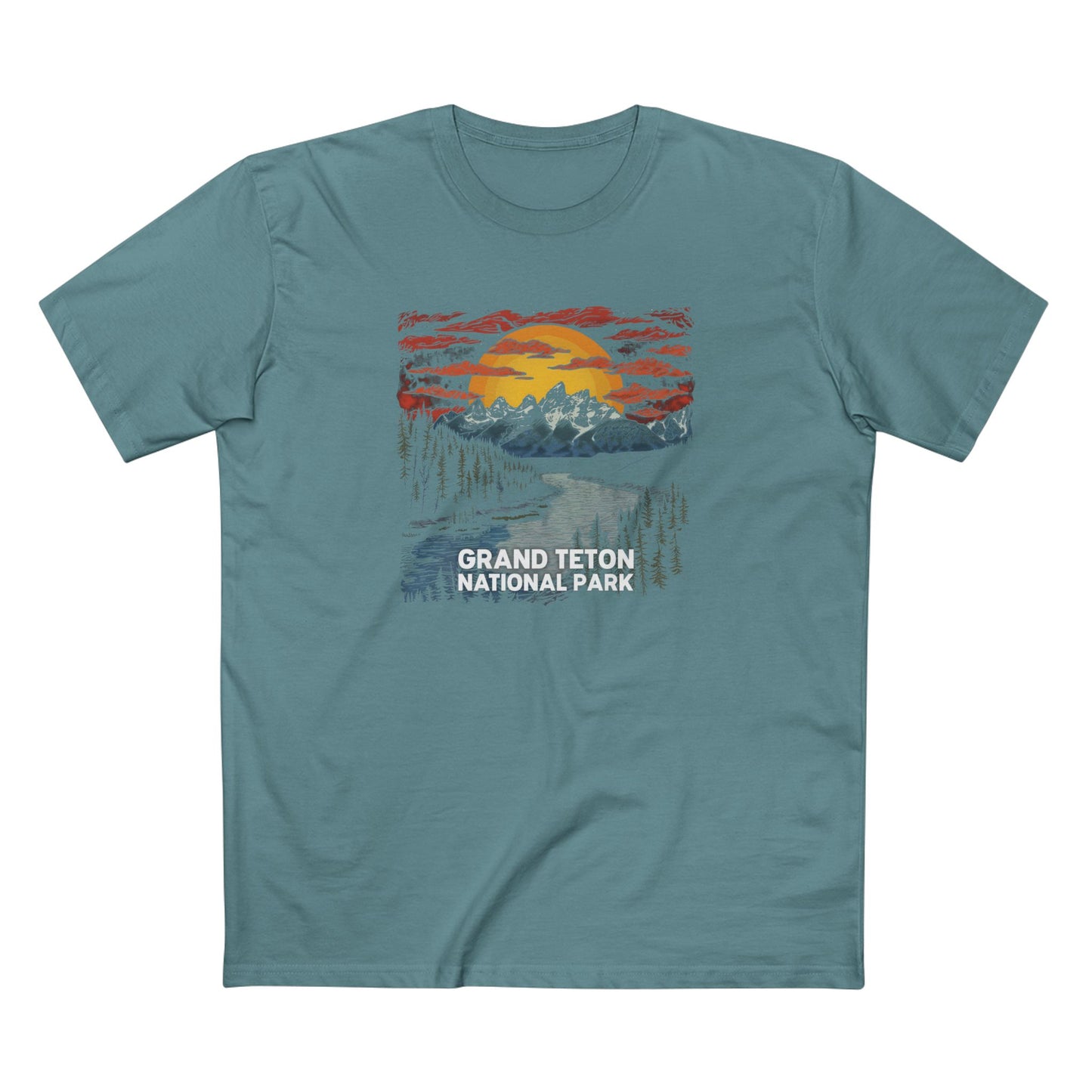 Grand Teton National Park T-Shirt - Wood Cut Design in Slate Blue