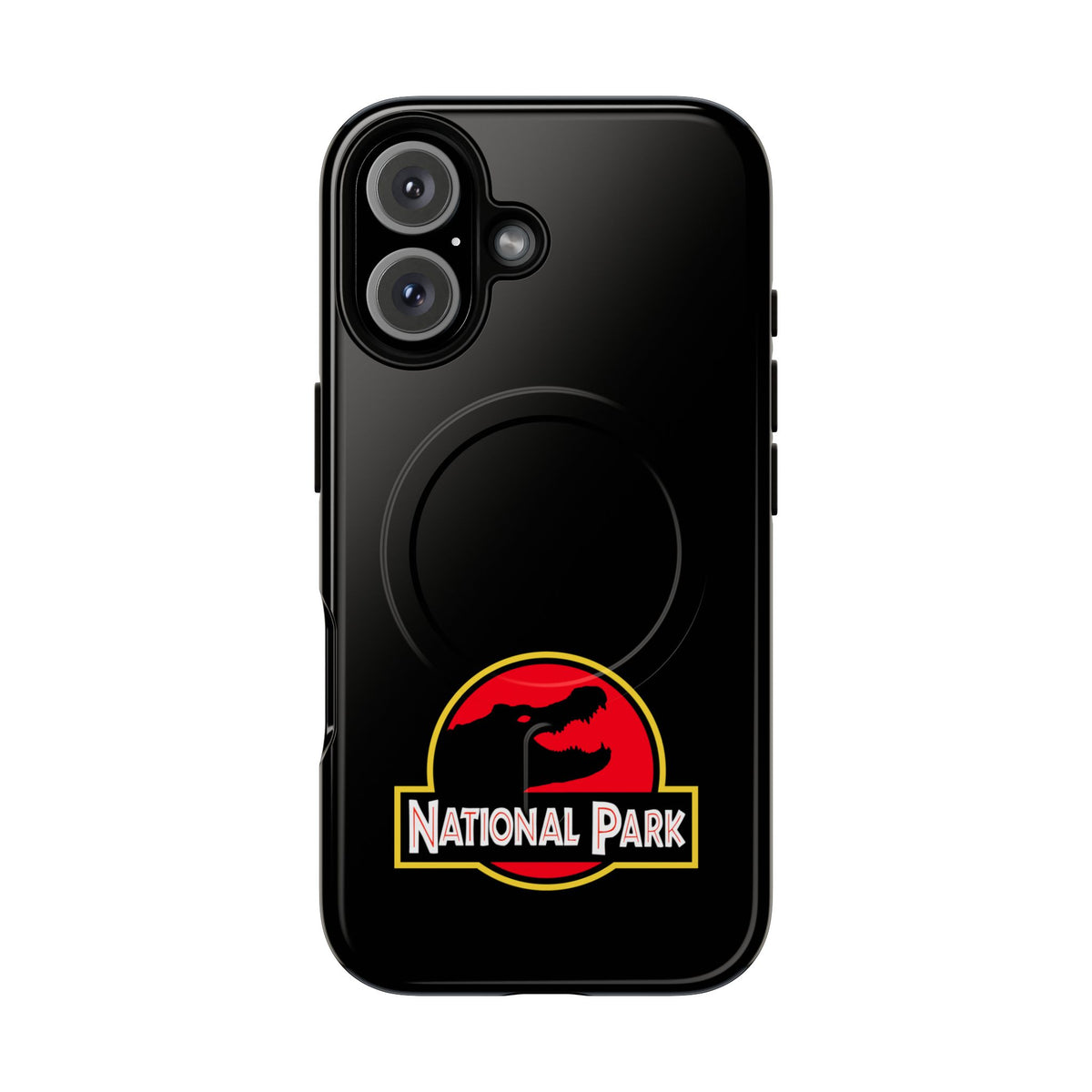 Everglades National Park magnetic iPhone 16 case with red and yellow parody logo on black background