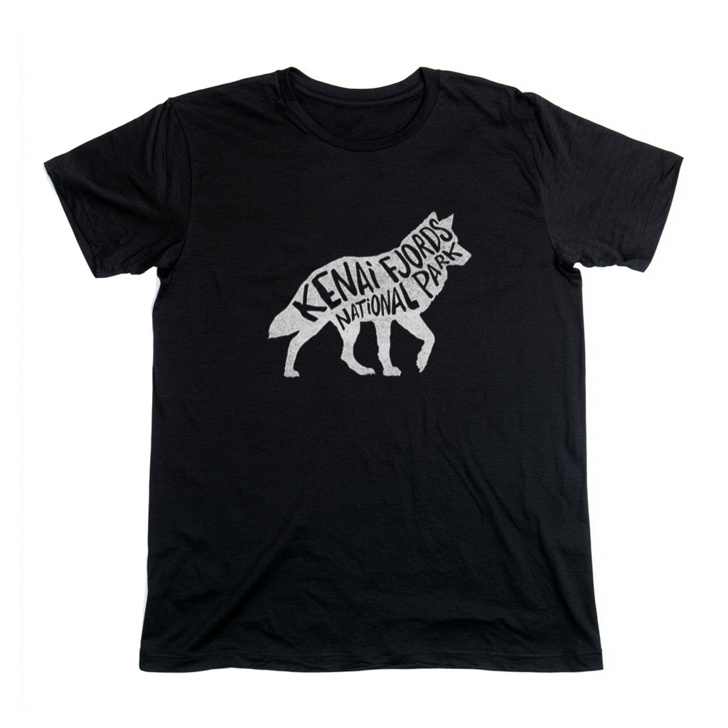 Kenai Fjords National Park T-Shirt - Gray Wolf in Black