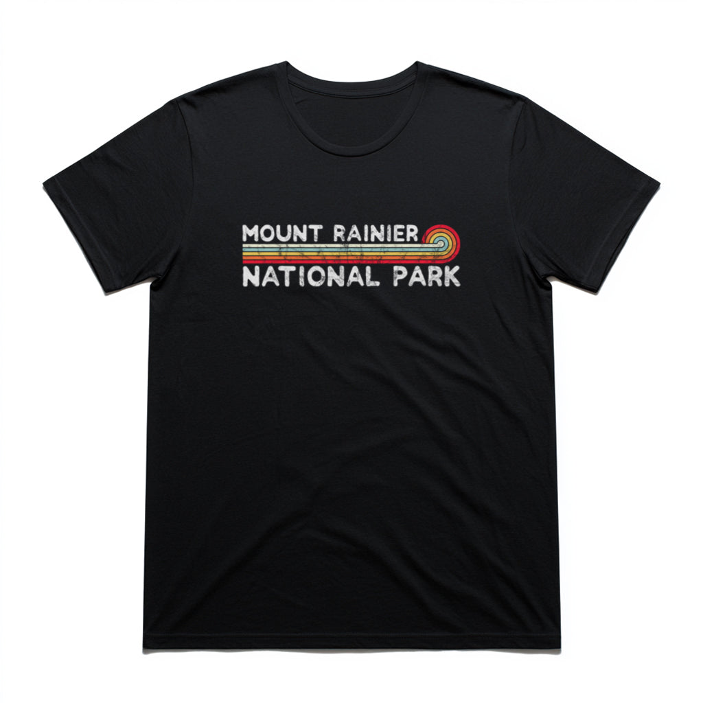 Mount Rainier National Park T-Shirt - Vintage Stretched Sunrise in Black