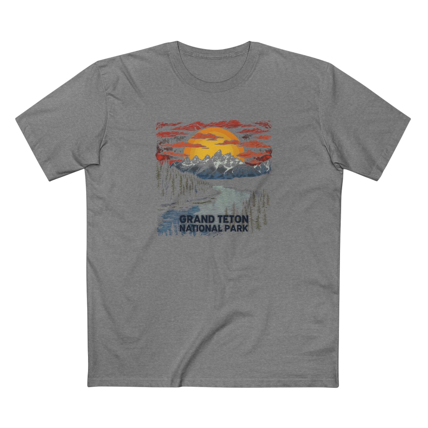 Grand Teton National Park T-Shirt - Wood Cut Design in Athletic Heather