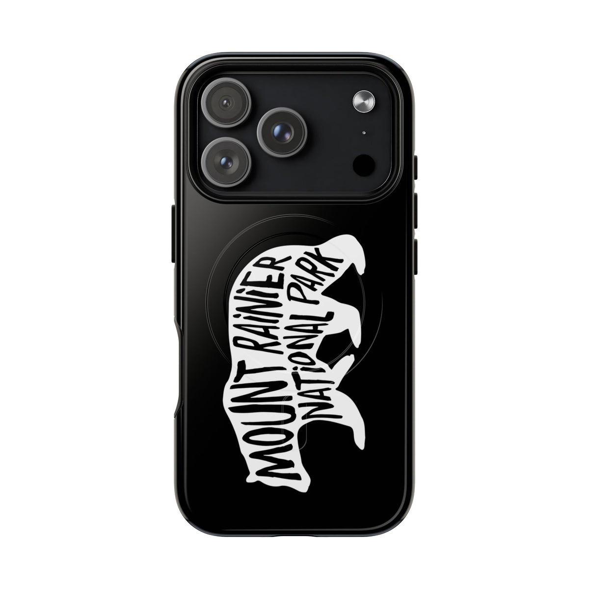 Mount Rainier National Park iPhone case with MagSafe featuring black bear artwork.