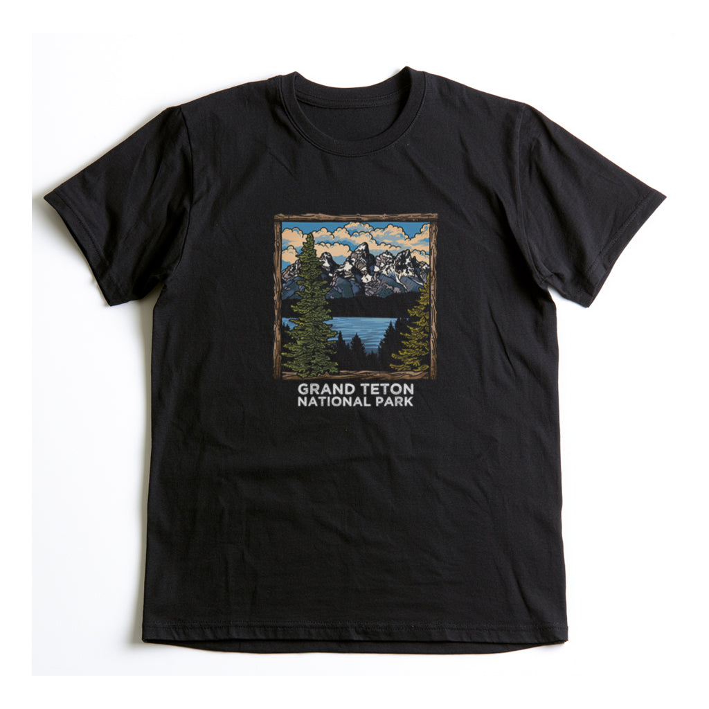 Grand Teton National Park T-Shirt - Wood Frame Design in Black