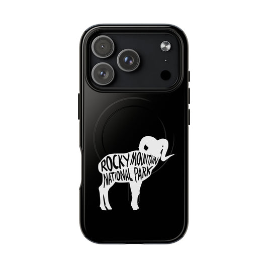 Rocky Mountain National Park iPhone case with MagSafe featuring bighorn sheep artwork.