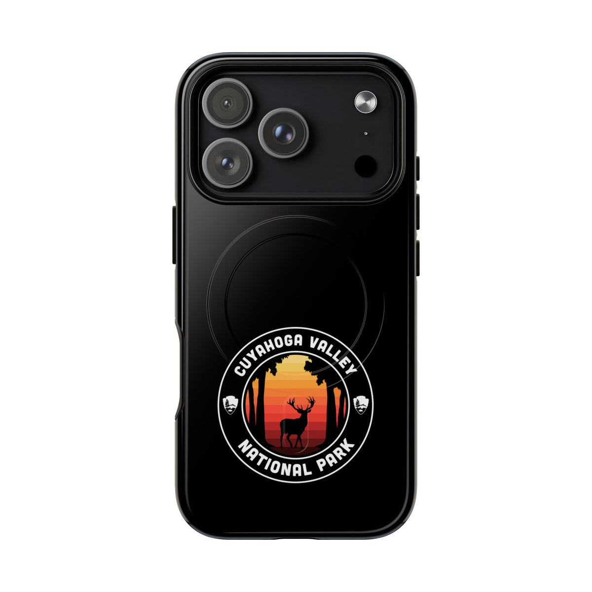 Cuyahoga Valley National Park iPhone case with MagSafe featuring round emblem artwork.