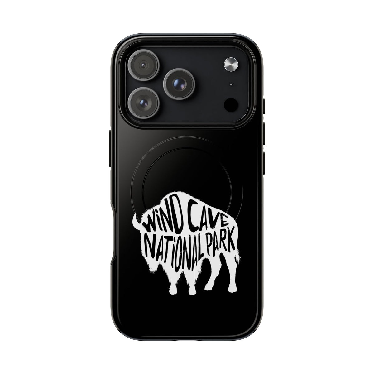 Wind Cave National Park iPhone case with MagSafe featuring bison artwork.