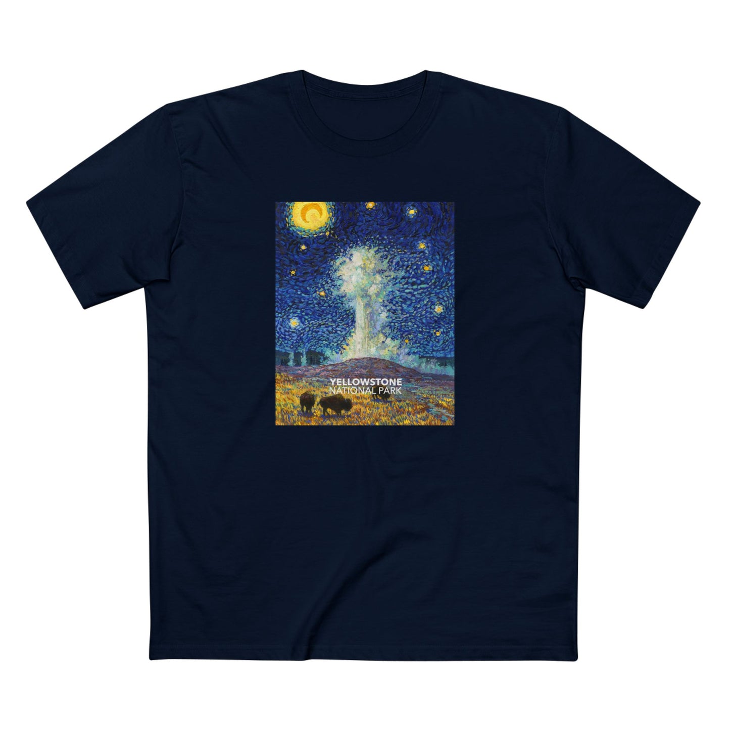 Yellowstone National Park T-Shirt - Old Faithful Starry Night in Navy