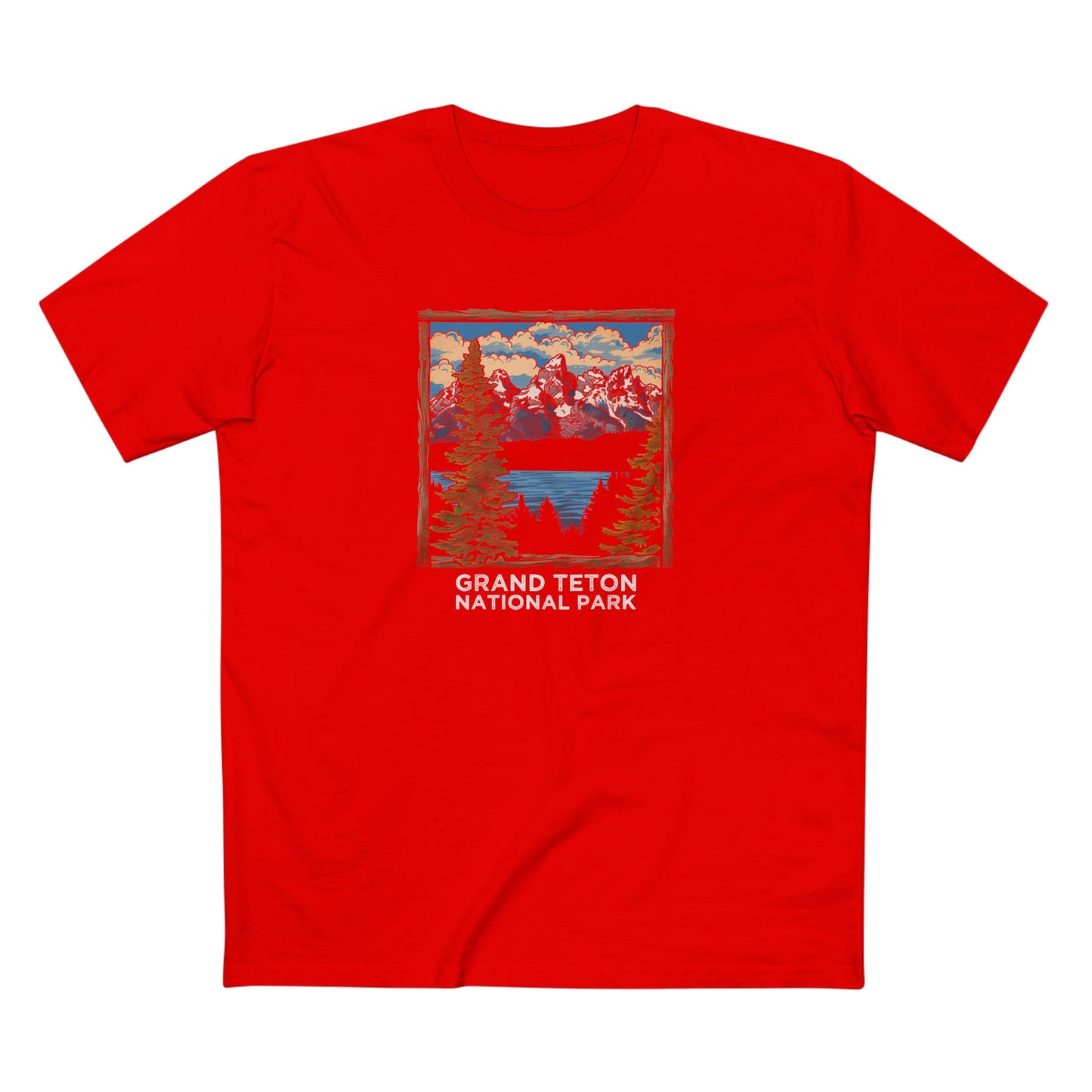 Grand Teton National Park T-Shirt - Wood Frame Design in Red