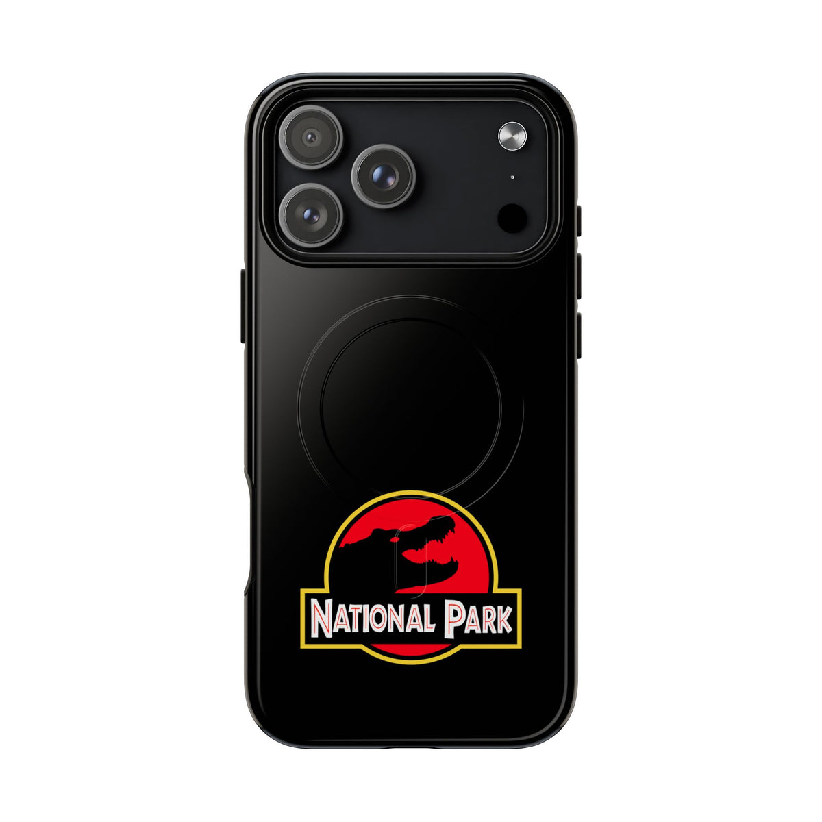 Everglades National Park magnetic iPhone 18 Pro Max case with red and yellow parody logo on black background