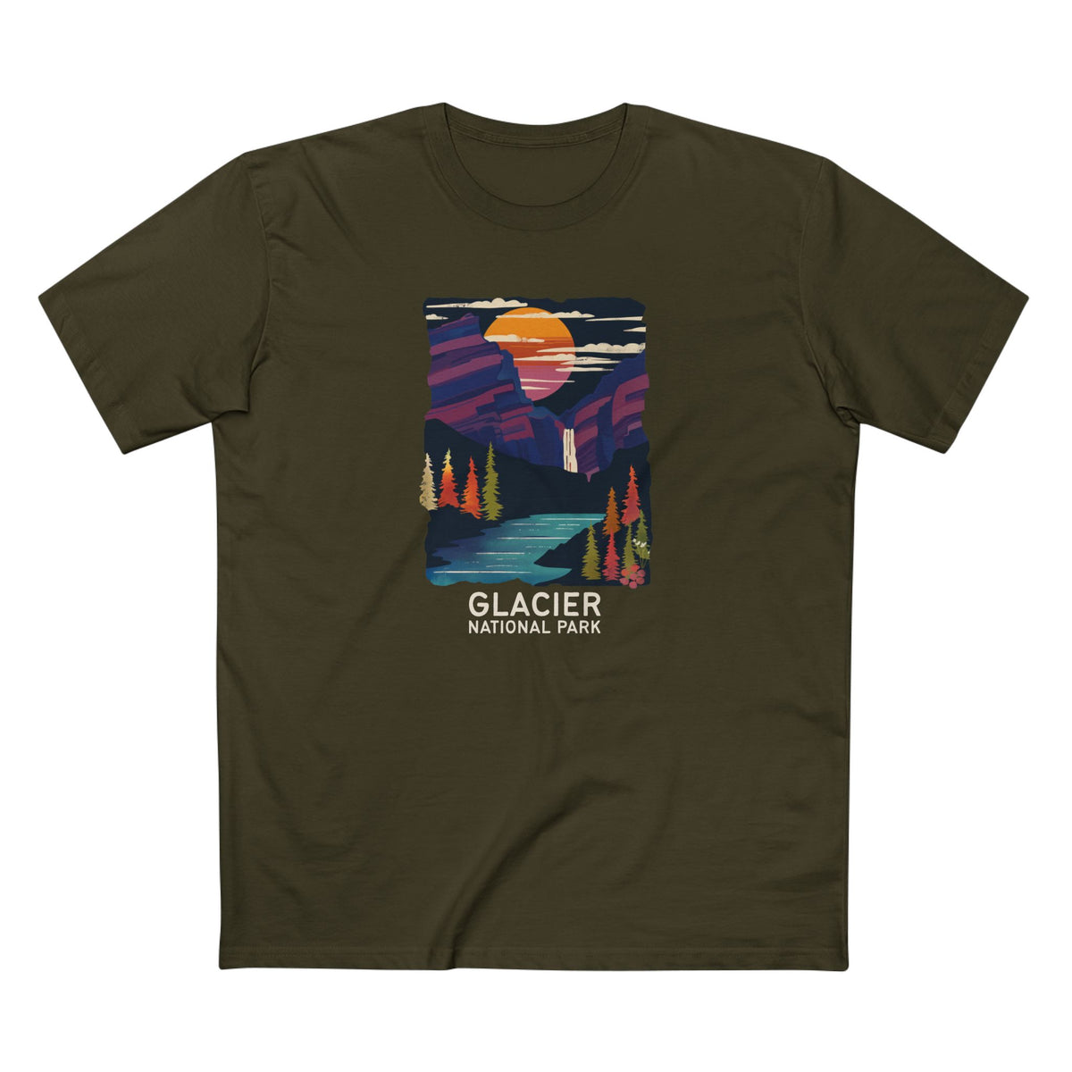 Glacier National Park T-Shirt - Waterfalls in Army