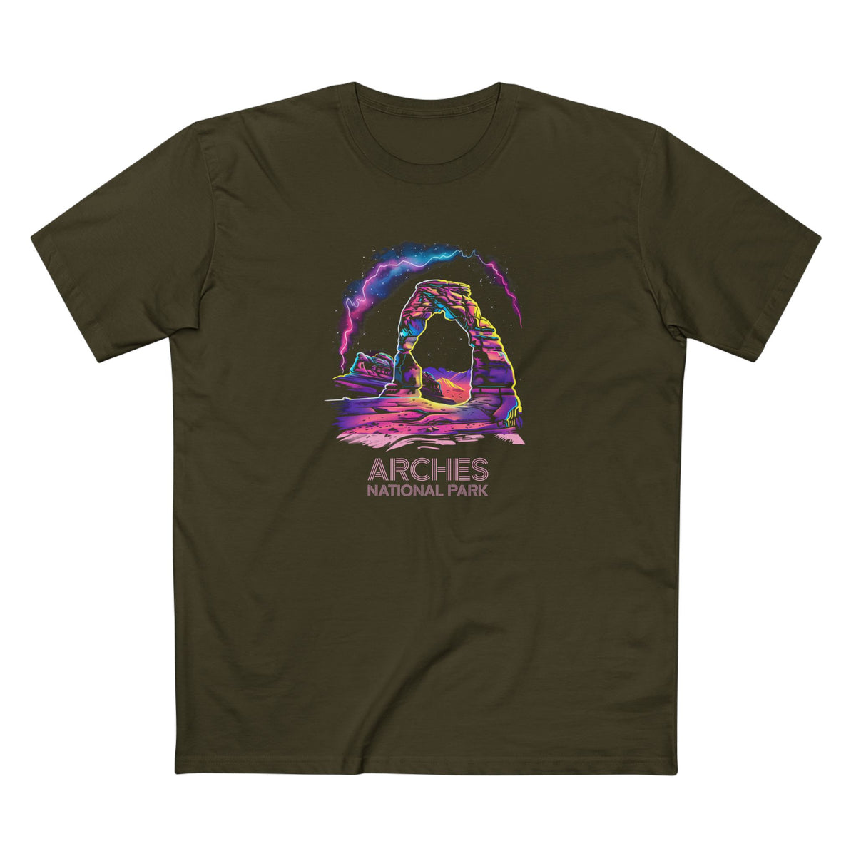 Arches National Park T-Shirt - 80s Neon Design in Army