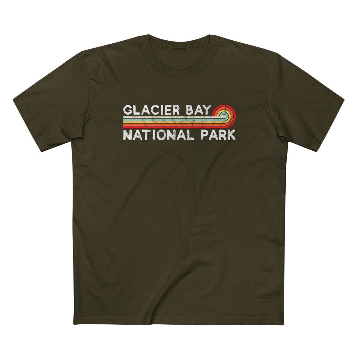 Glacier Bay National Park T-Shirt - Vintage Stretched Sunrise in Army