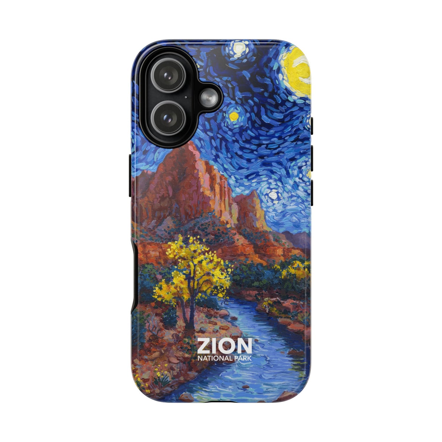 Zion National Park phone case featuring a Van Gogh ‘Starry Night’-style design