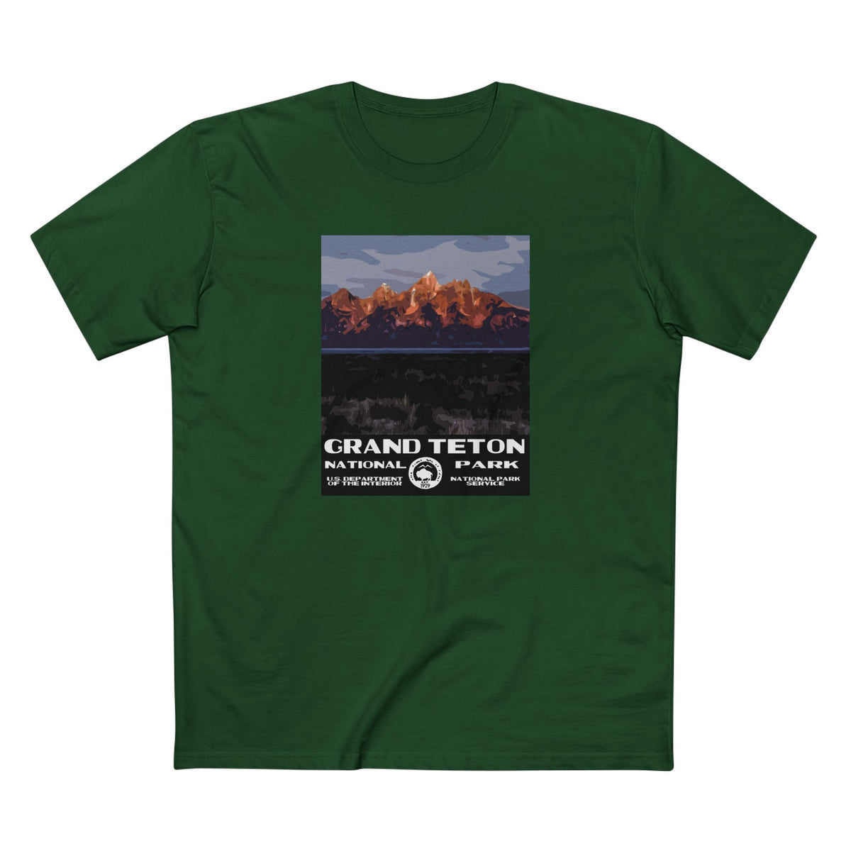 Grand Teton National Park T-Shirt - Moulton Barn WPA in Forest Green