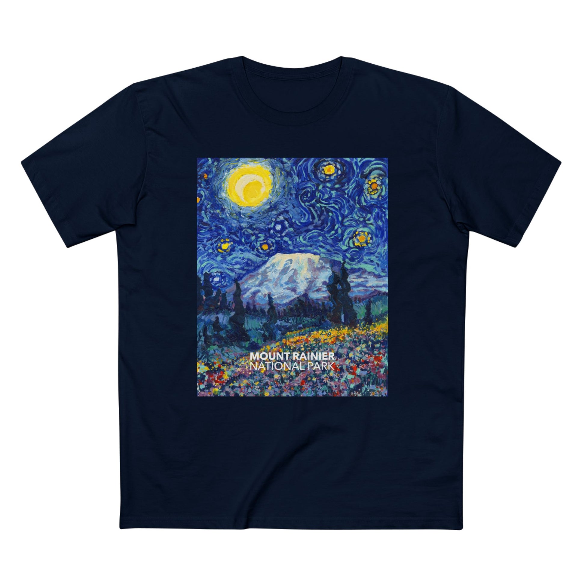 Close-up of a Van Gogh ‘Starry Night’-style design on the Mountain Rainier National Park t-shirt