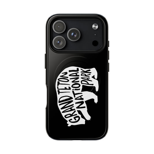 Grand Teton National Park iPhone case with MagSafe featuring grizzly bear artwork.