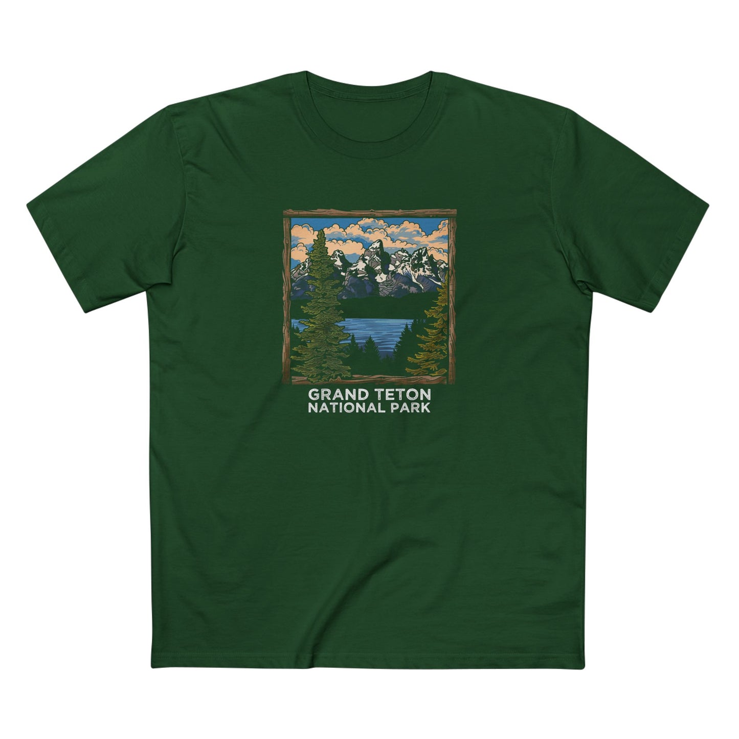 Grand Teton National Park T-Shirt - Wood Frame Design in Forest Green