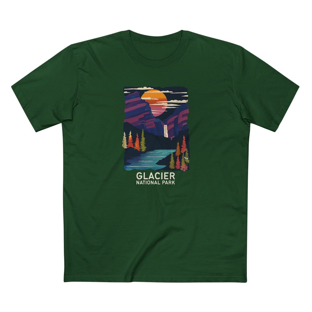 Glacier National Park T-Shirt - Waterfalls in Forest Green