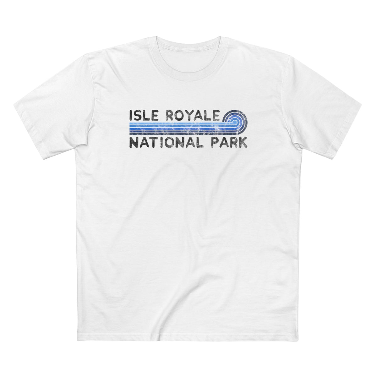 Isle Royale National Park T-Shirt - Blue Vintage Stretched Sunrise in White