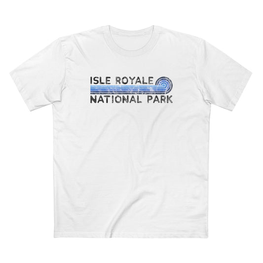 Isle Royale National Park T-Shirt - Blue Vintage Stretched Sunrise in White