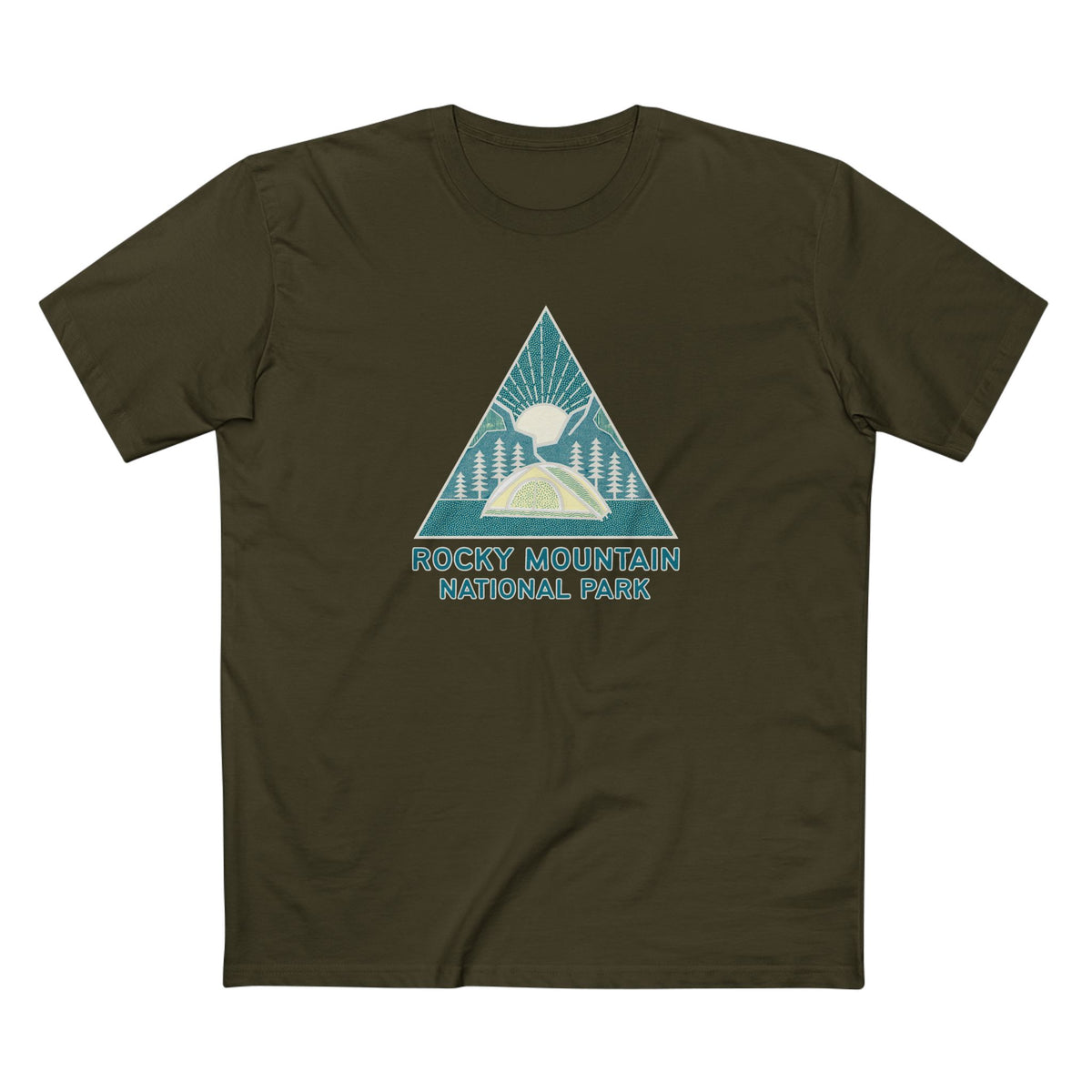 Rocky Mountain National Park T-Shirt Sunrise Triangle Graphic in Army