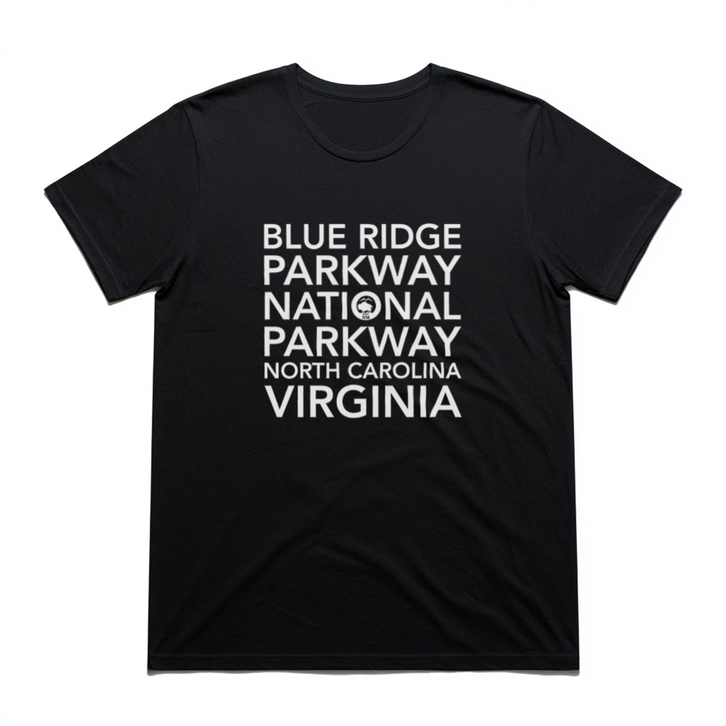 Blue Ridge Parkway T-Shirt Block Text in Black