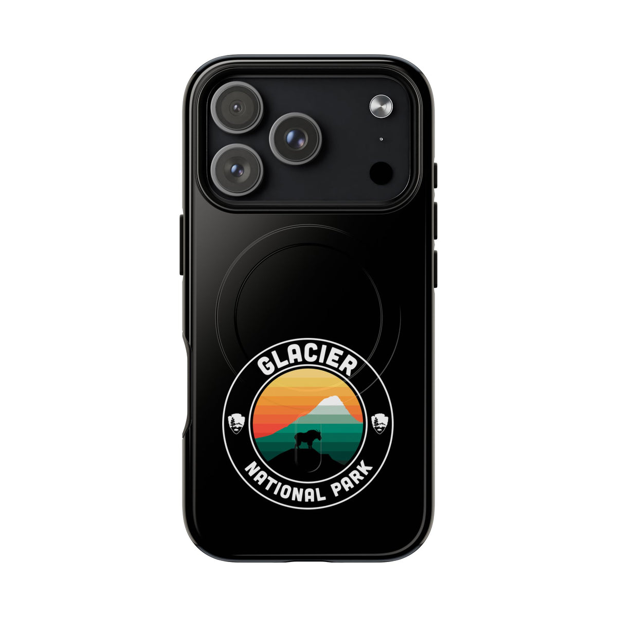 Glacier National Park iPhone case with MagSafe featuring round emblem artwork.