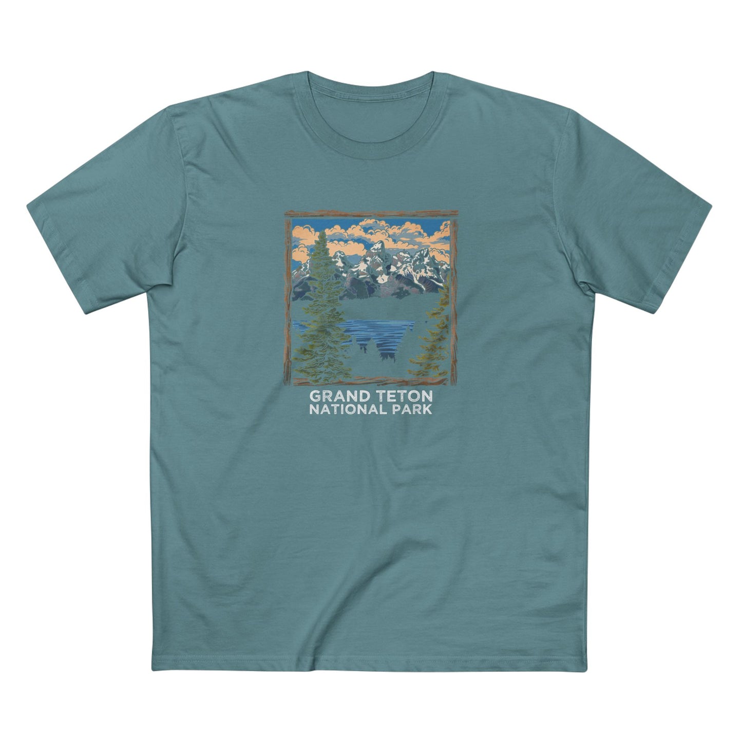 Grand Teton National Park T-Shirt - Wood Frame Design in Slate Blue