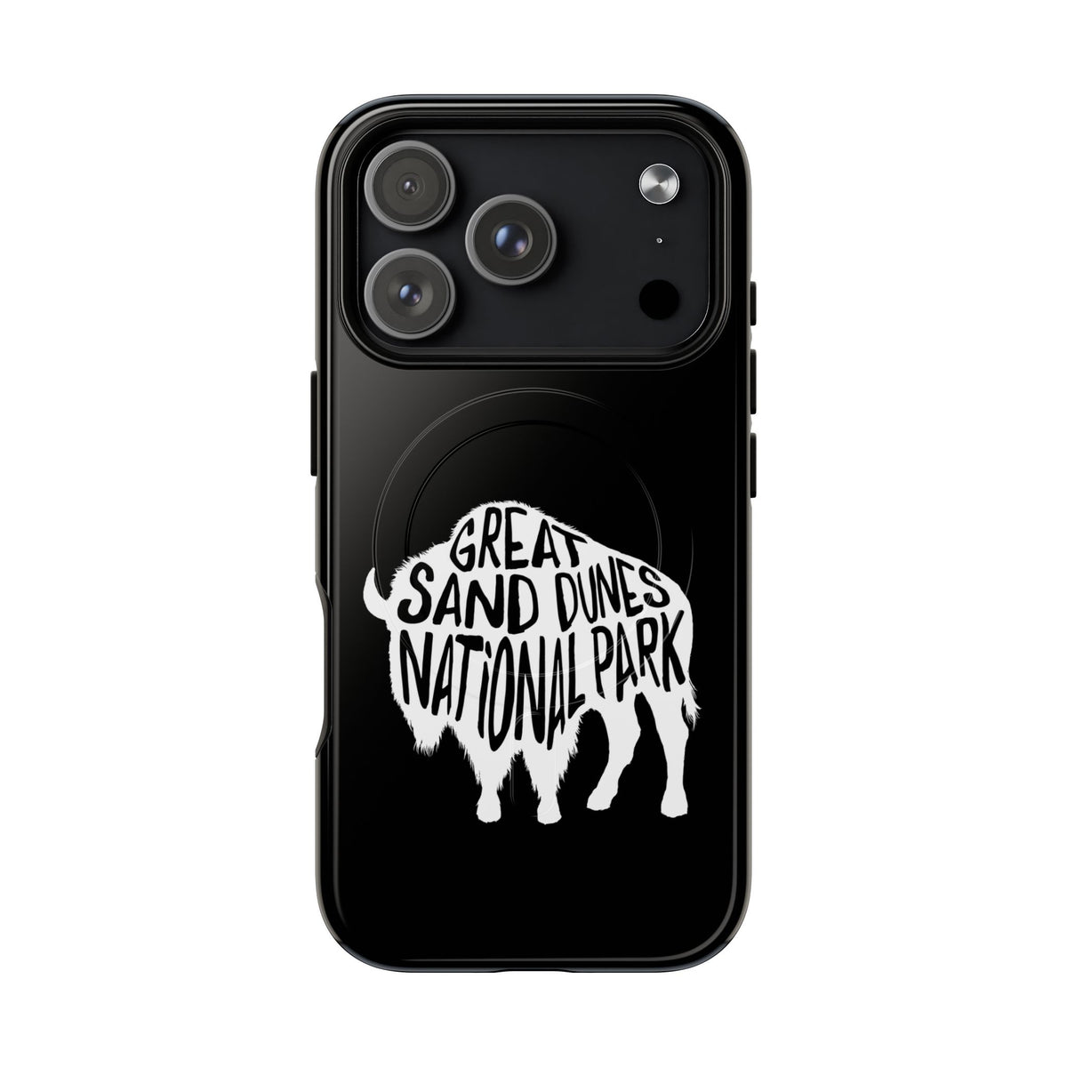 Great Sand Dunes National Park iPhone case with MagSafe featuring bison artwork.