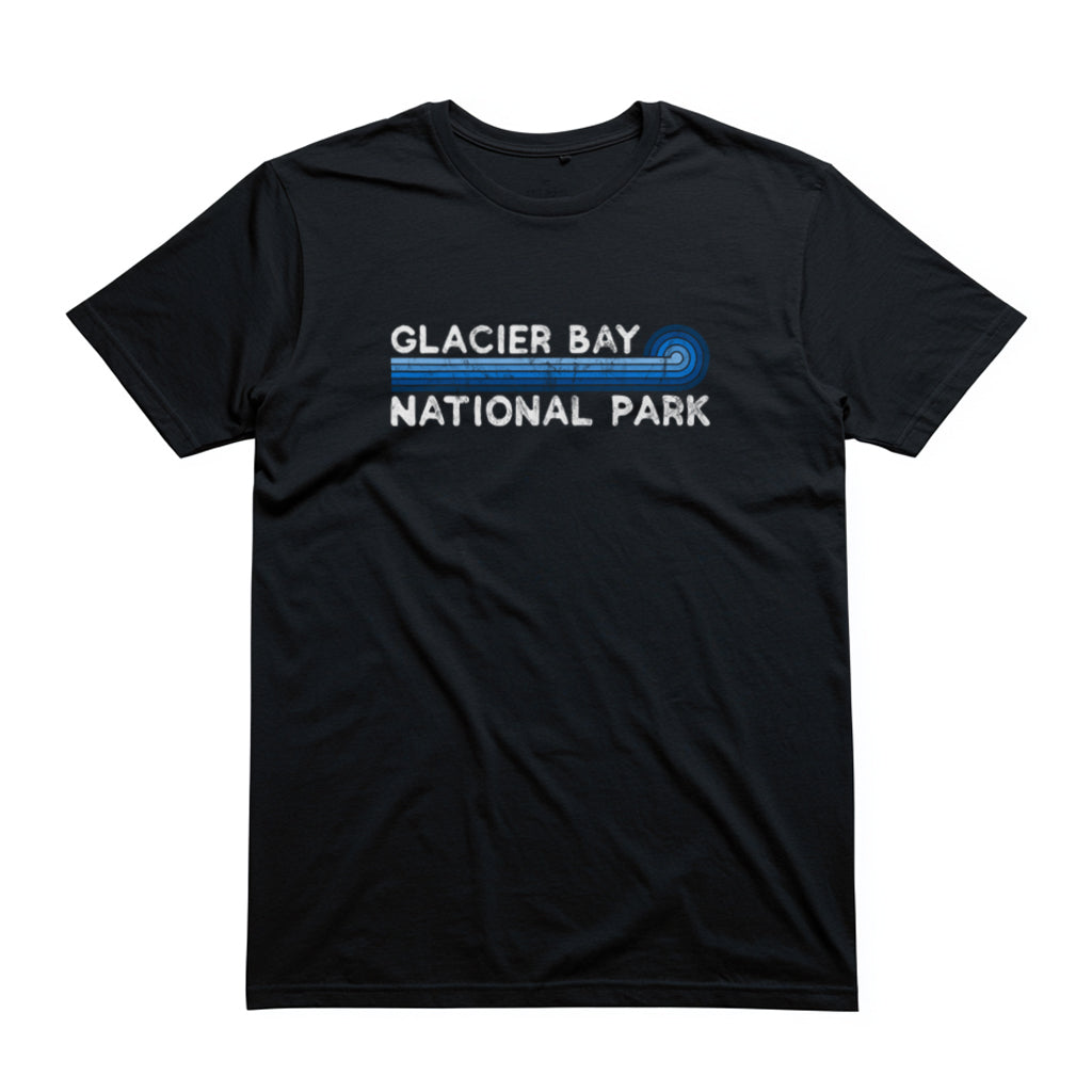 Glacier Bay National Park T-Shirt - Blue Vintage Stretched Sunrise in Black