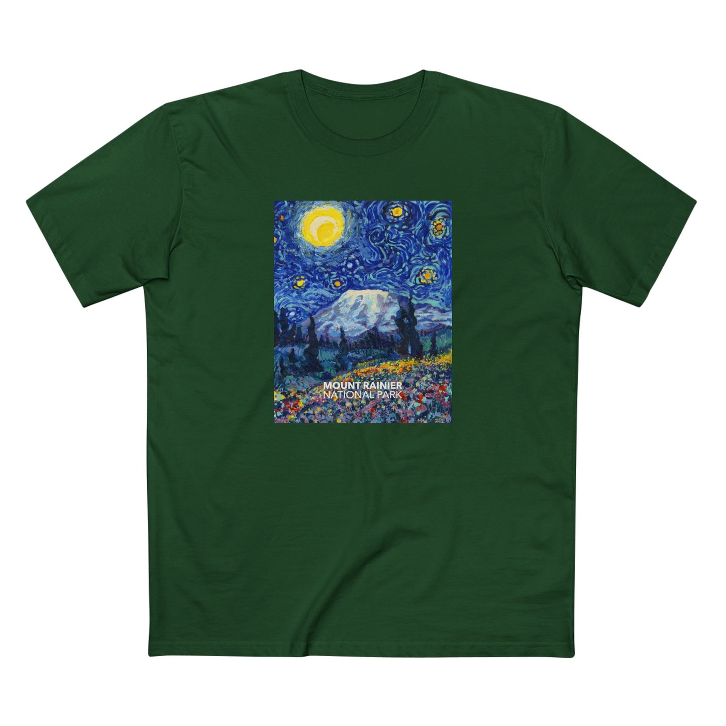 Mountain Rainier National Park T-Shirt - The Starry Night in Forest Green