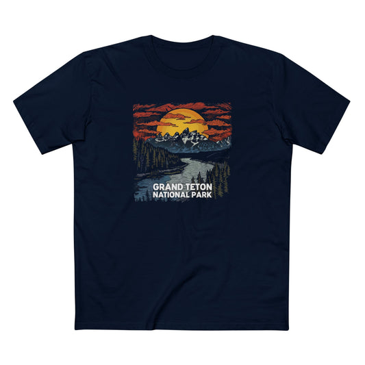 Grand Teton National Park T-Shirt - Wood Cut Design in Navy