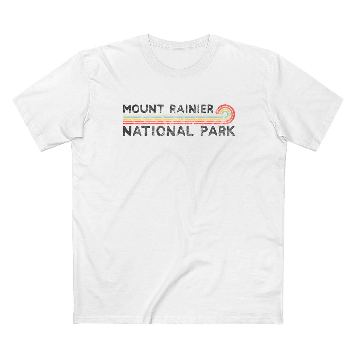 Mount Rainier National Park T-Shirt - Vintage Stretched Sunrise in White